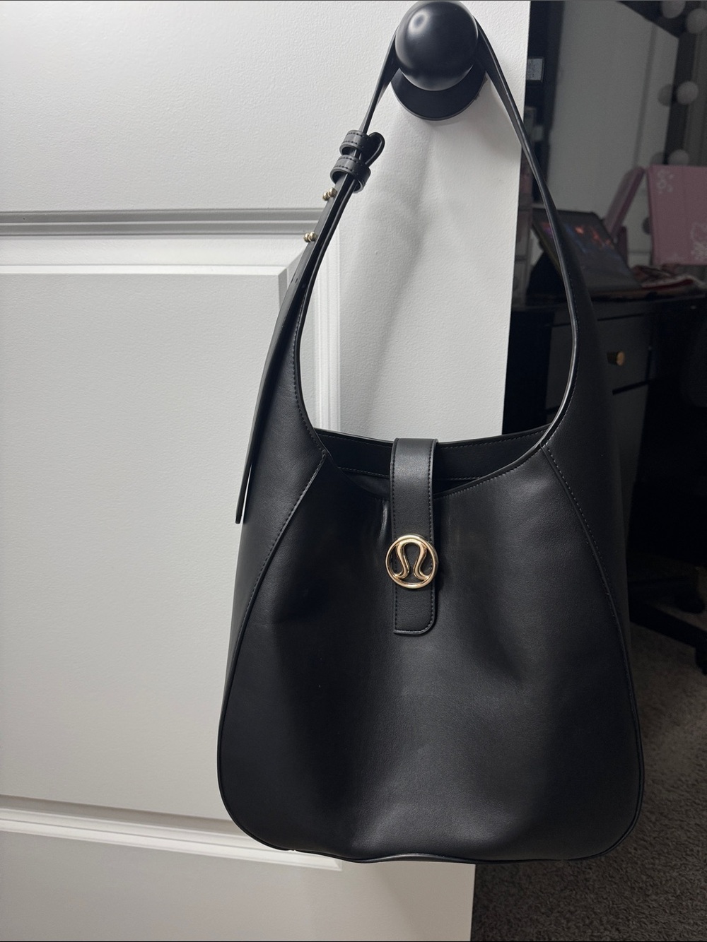 lululemon athletica Black Leather Shoulder Bag with Gold Logo